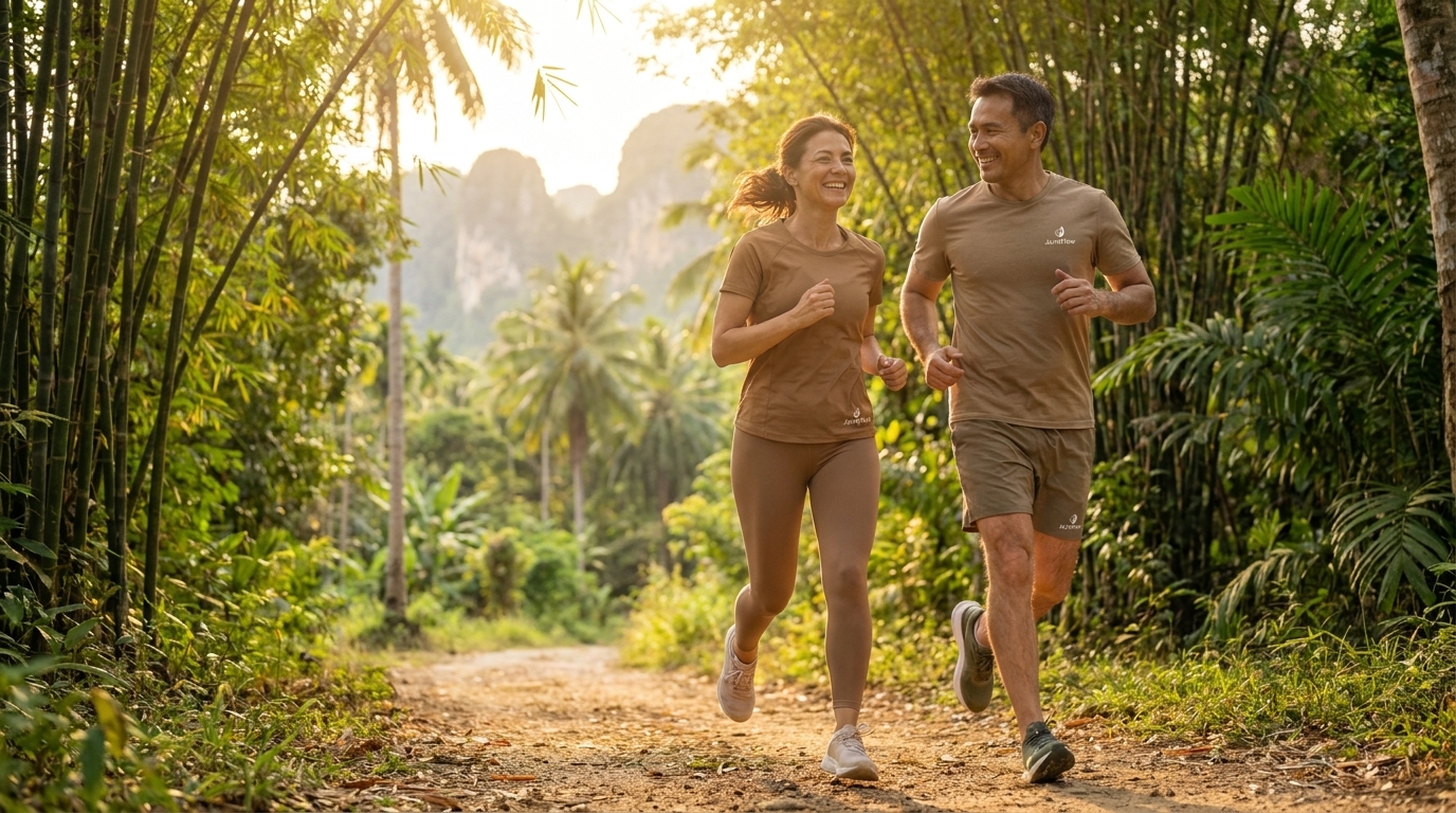 ผู้ใหญ่ที่กระฉับกระเฉงวิ่งในธรรมชาติ – ความเบาและความแข็งแรงในการเคลื่อนไหว